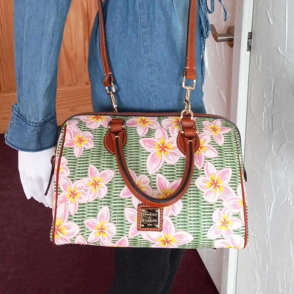 Dooney & Bourke Coated Cotton Plumeria Barrel Satchel, Pink/Green - Picture 4 of 16